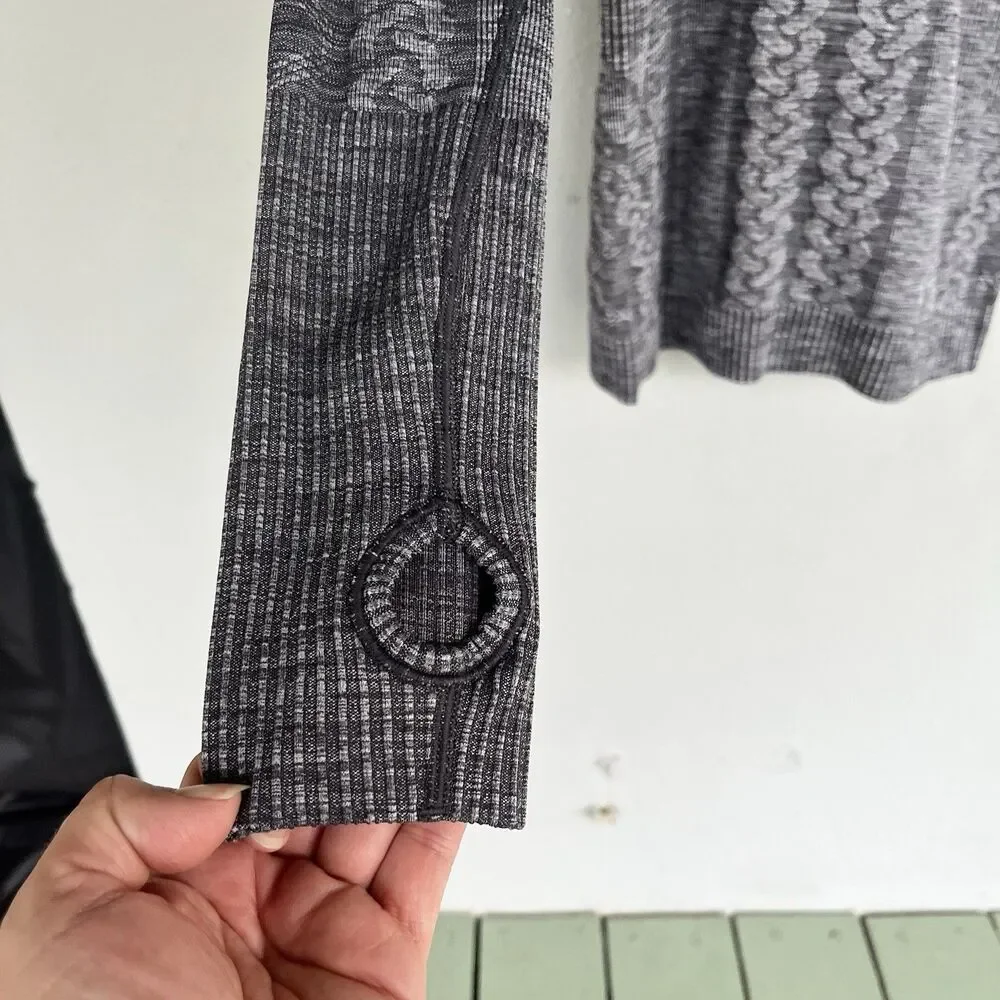 Lululemon Rest Less Pullover Size 2 Heather Black Ribbed Mid Layer Thumhole Grey